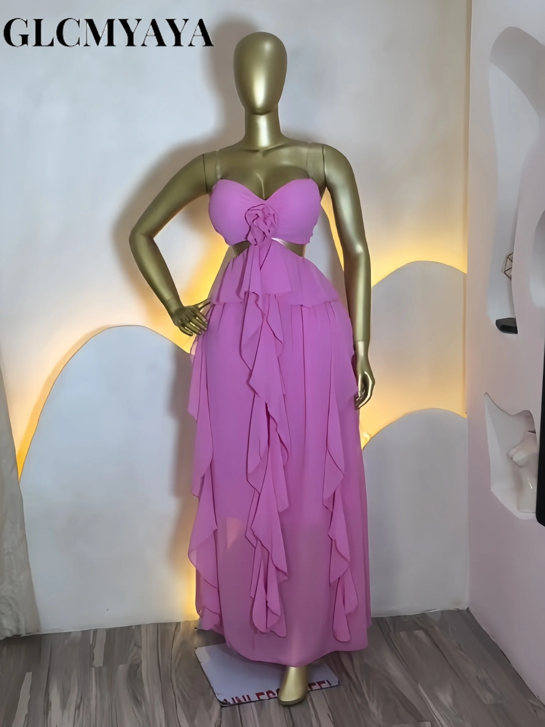 CM.YAYA Women Sweet Collar Floral Applique Ruffles A-line Bow Backless Maxi Dress Parties Education Beach Long Dresses Vestidos