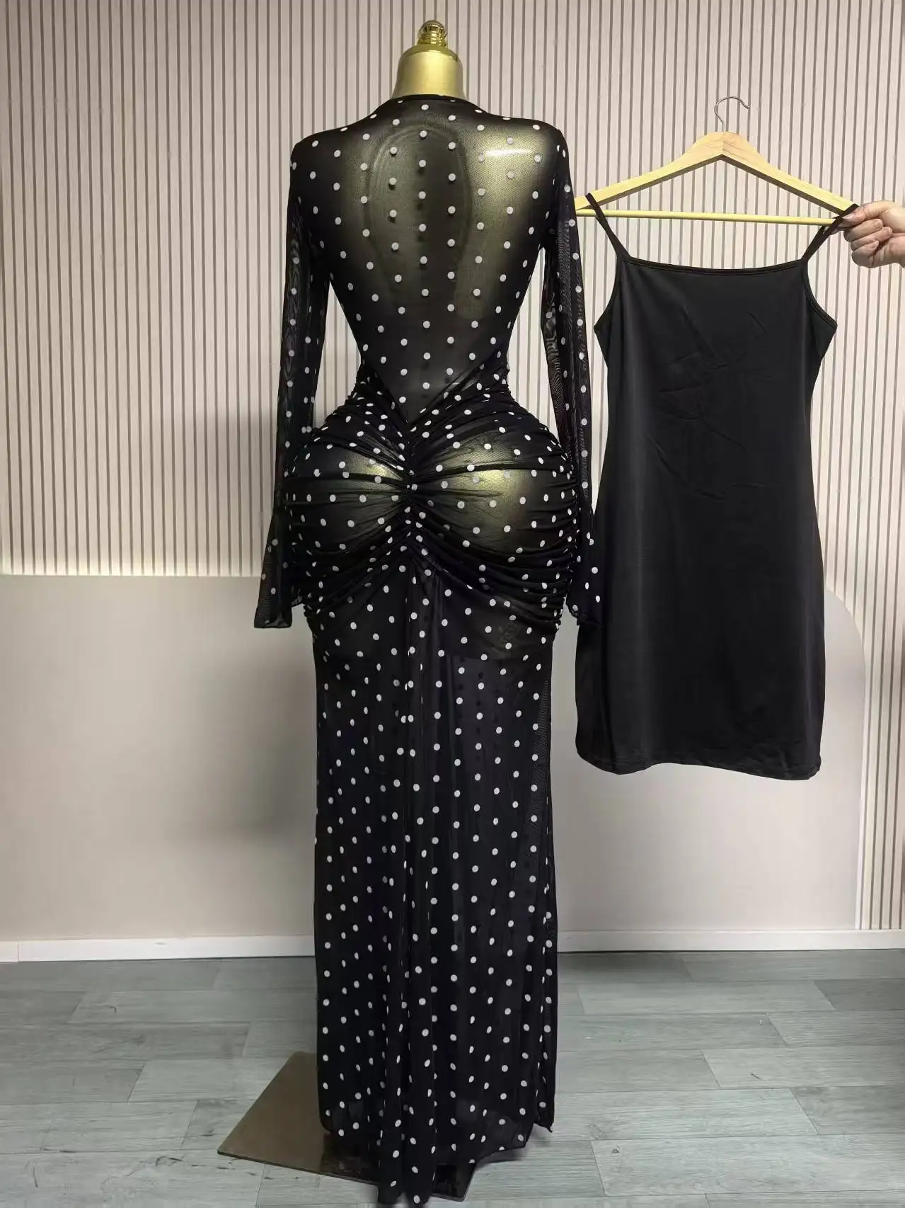 CM.YAYA 2025 Women Flare Long Sleeve Stacked Dot Mesh See Though with Lining Maxi Long Dress Evening Birthday Sexy Party Dresses