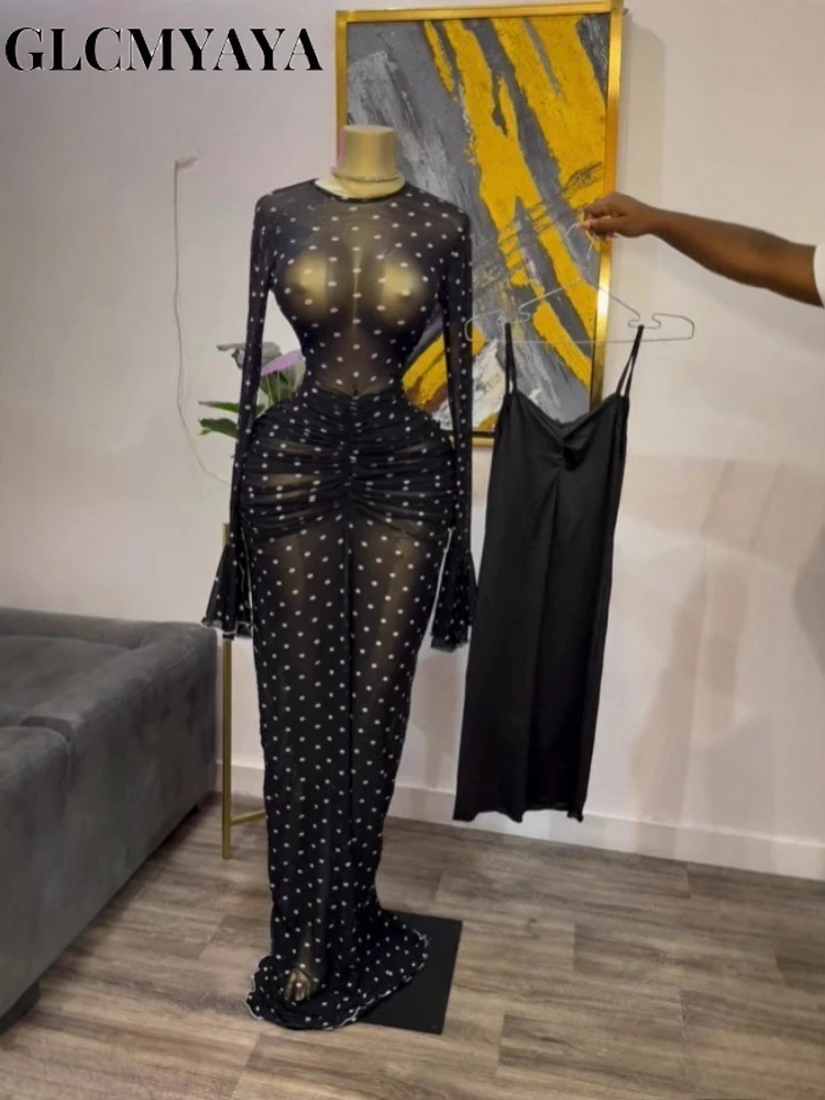 CM.YAYA 2025 Women Flare Long Sleeve Stacked Dot Mesh See Though with Lining Maxi Long Dress Evening Birthday Sexy Party Dresses
