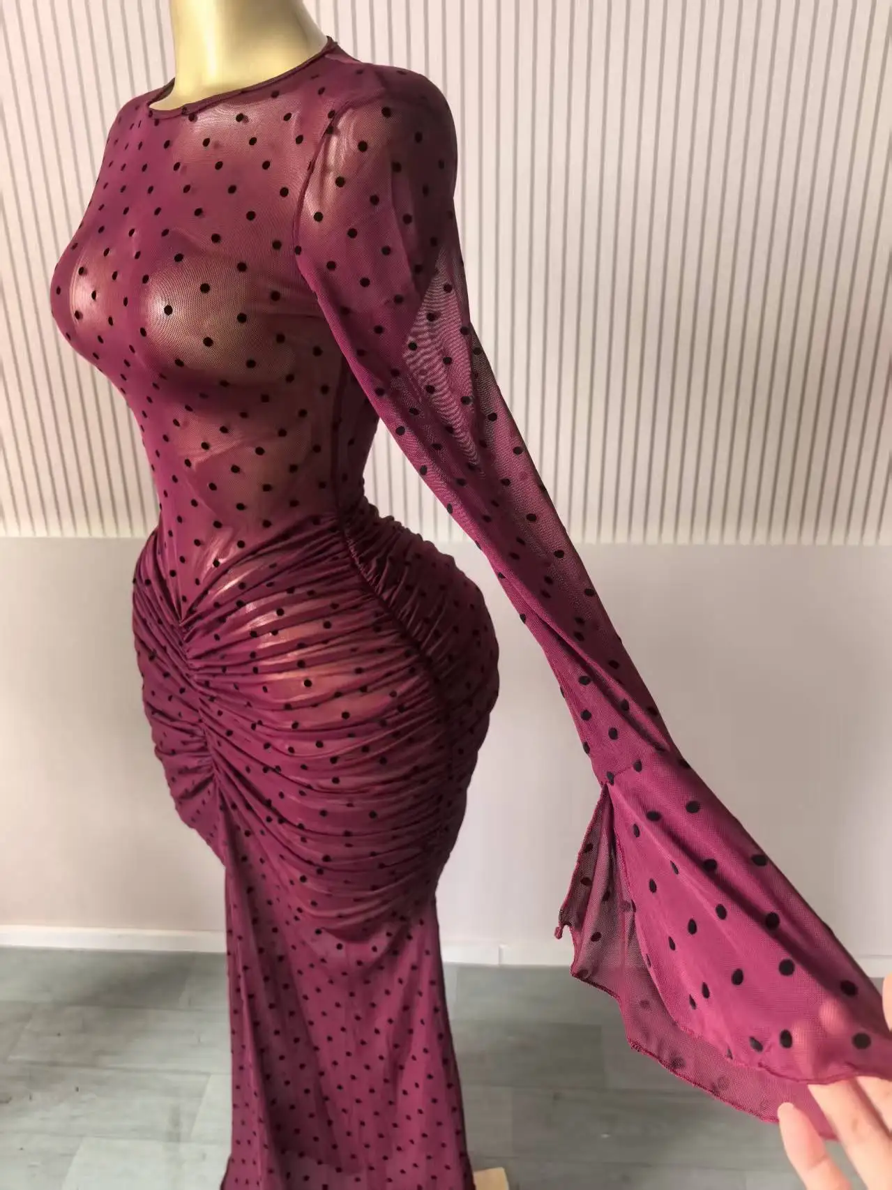 CM.YAYA 2025 Women Flare Long Sleeve Stacked Dot Mesh See Though with Lining Maxi Long Dress Evening Birthday Sexy Party Dresses