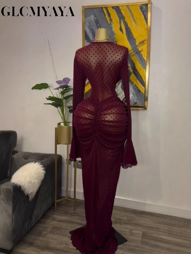 CM.YAYA 2025 Women Flare Long Sleeve Stacked Dot Mesh See Though with Lining Maxi Long Dress Evening Birthday Sexy Party Dresses