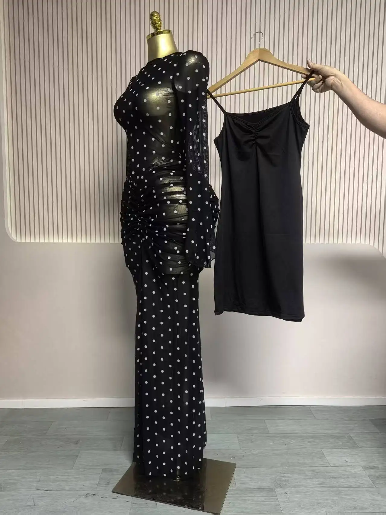 CM.YAYA 2025 Women Flare Long Sleeve Stacked Dot Mesh See Though with Lining Maxi Long Dress Evening Birthday Sexy Party Dresses