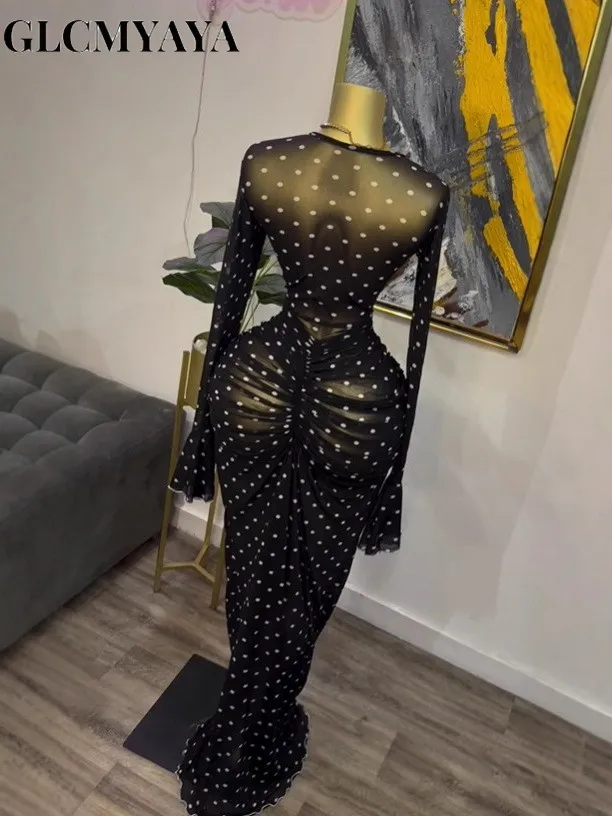 CM.YAYA 2025 Women Flare Long Sleeve Stacked Dot Mesh See Though with Lining Maxi Long Dress Evening Birthday Sexy Party Dresses