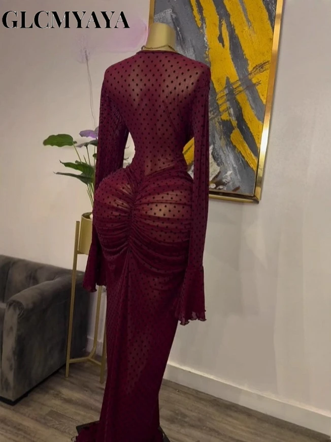 CM.YAYA 2025 Women Flare Long Sleeve Stacked Dot Mesh See Though with Lining Maxi Long Dress Evening Birthday Sexy Party Dresses