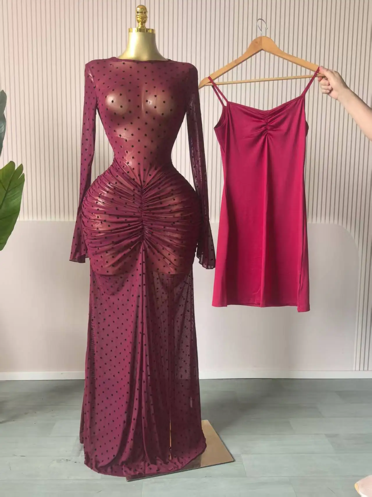 CM.YAYA 2025 Women Flare Long Sleeve Stacked Dot Mesh See Though with Lining Maxi Long Dress Evening Birthday Sexy Party Dresses