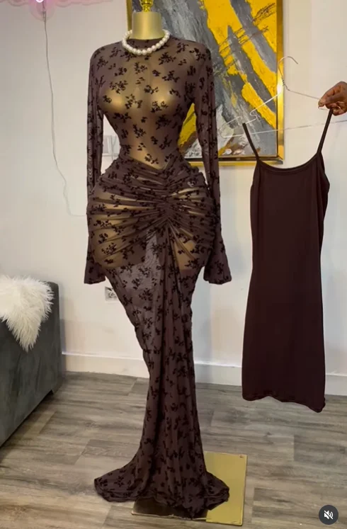 CM.YAYA 2025 Women Flare Long Sleeve Stacked Dot Mesh See Though with Lining Maxi Long Dress Evening Birthday Sexy Party Dresses