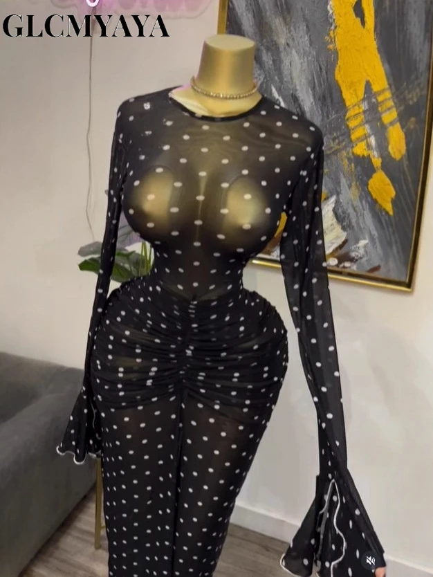 CM.YAYA 2025 Women Flare Long Sleeve Stacked Dot Mesh See Though with Lining Maxi Long Dress Evening Birthday Sexy Party Dresses