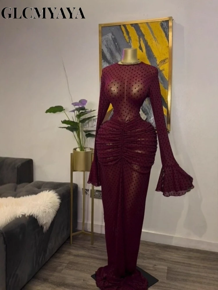 CM.YAYA 2025 Women Flare Long Sleeve Stacked Dot Mesh See Though with Lining Maxi Long Dress Evening Birthday Sexy Party Dresses