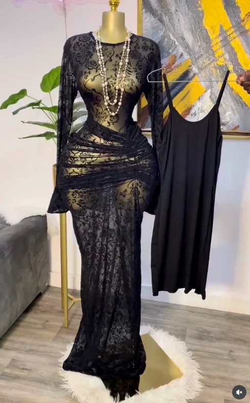 CM.YAYA 2025 Women Flare Long Sleeve Stacked Dot Mesh See Though with Lining Maxi Long Dress Evening Birthday Sexy Party Dresses