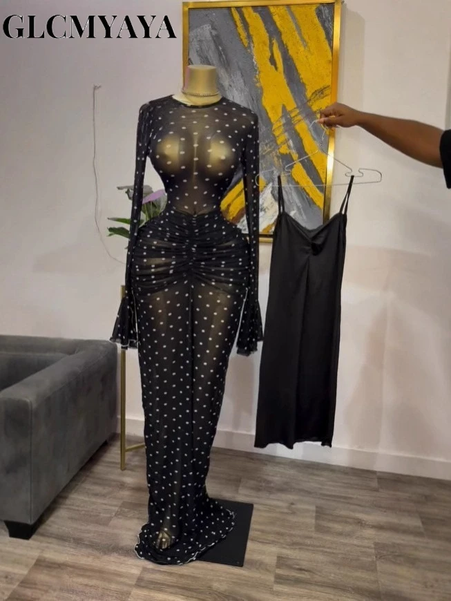 CM.YAYA 2025 Women Flare Long Sleeve Stacked Dot Mesh See Though with Lining Maxi Long Dress Evening Birthday Sexy Party Dresses