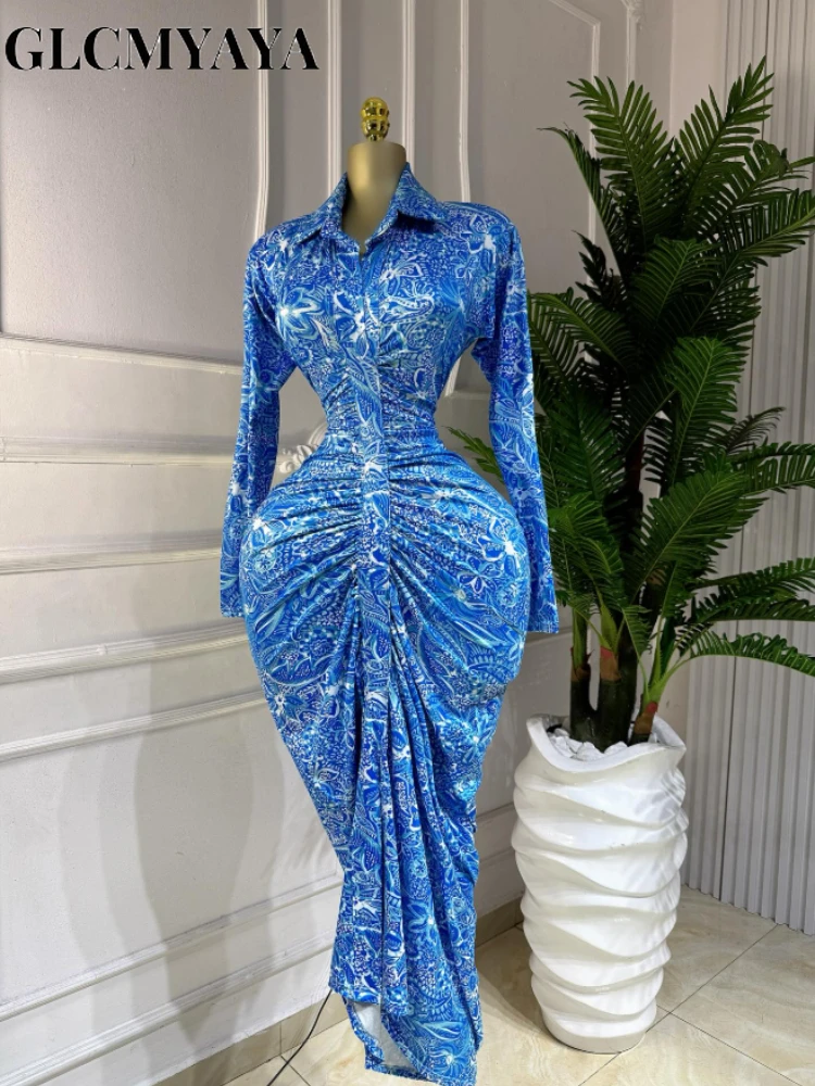 CM.YAYA Women Full Sleeve Floral Print Stacked Bodycon Long Dress 2025 Fall Evening Birthday Night Party Vestidos Sexy Dresses