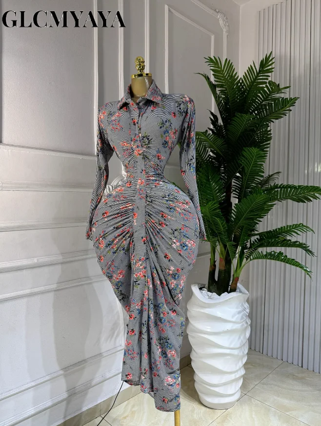 CM.YAYA Women Full Sleeve Floral Print Stacked Bodycon Long Dress 2025 Fall Evening Birthday Night Party Vestidos Sexy Dresses