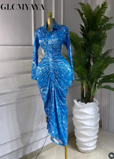 CM.YAYA Women Full Sleeve Floral Print Stacked Bodycon Long Dress 2025 Fall Evening Birthday Night Party Vestidos Sexy Dresses