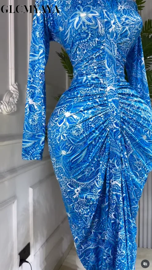 CM.YAYA Women Full Sleeve Floral Print Stacked Bodycon Long Dress 2025 Fall Evening Birthday Night Party Vestidos Sexy Dresses