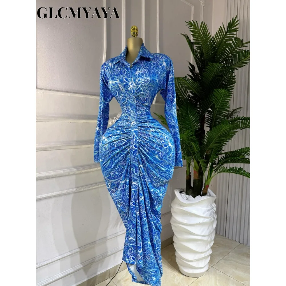 CM.YAYA Women Full Sleeve Floral Print Stacked Bodycon Long Dress 2025 Fall Evening Birthday Night Party Vestidos Sexy Dresses