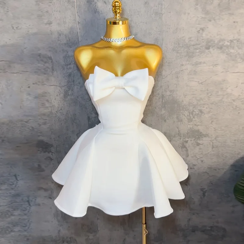 GLCMYAYA Women Sleeveless Strapless Bownot Big Swing Midi Mini Dress 2025 Summer Beach Vacation Holiday Party Birthday Dresses