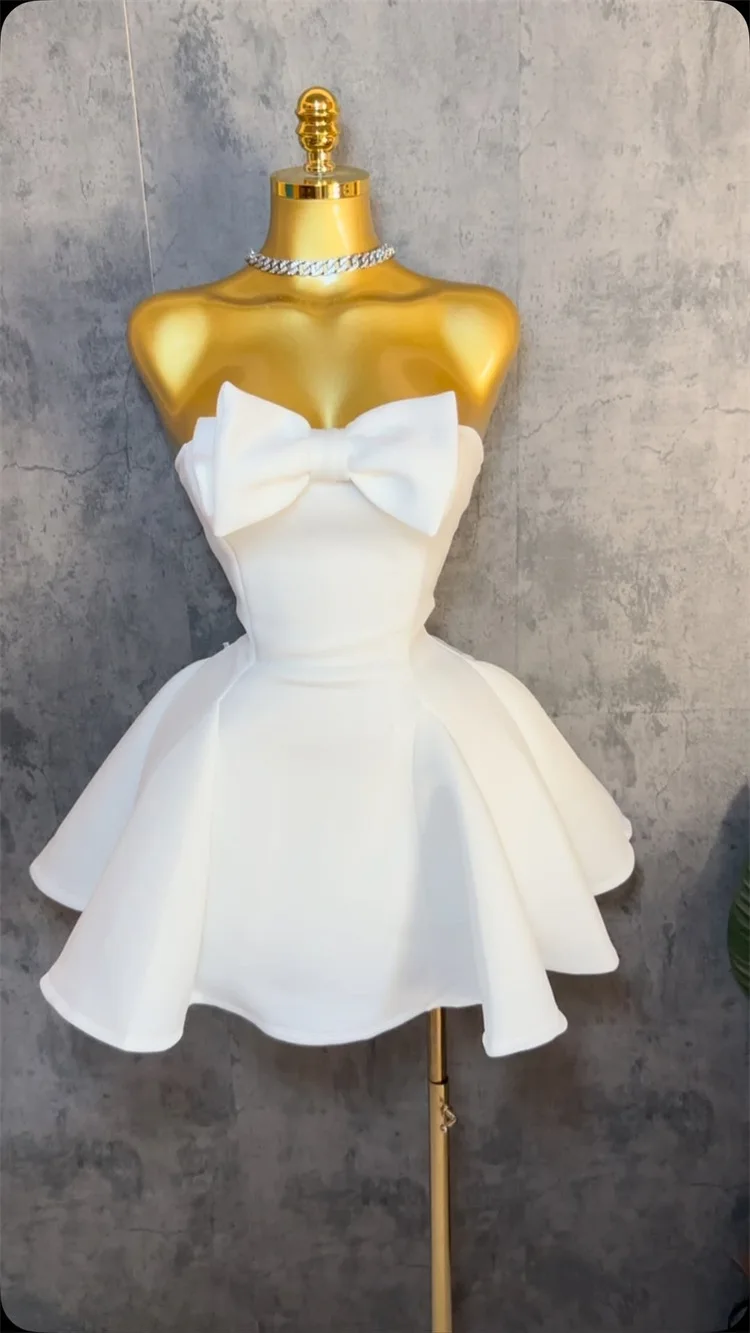 GLCMYAYA Women Sleeveless Strapless Bownot Big Swing Midi Mini Dress 2025 Summer Beach Vacation Holiday Party Birthday Dresses