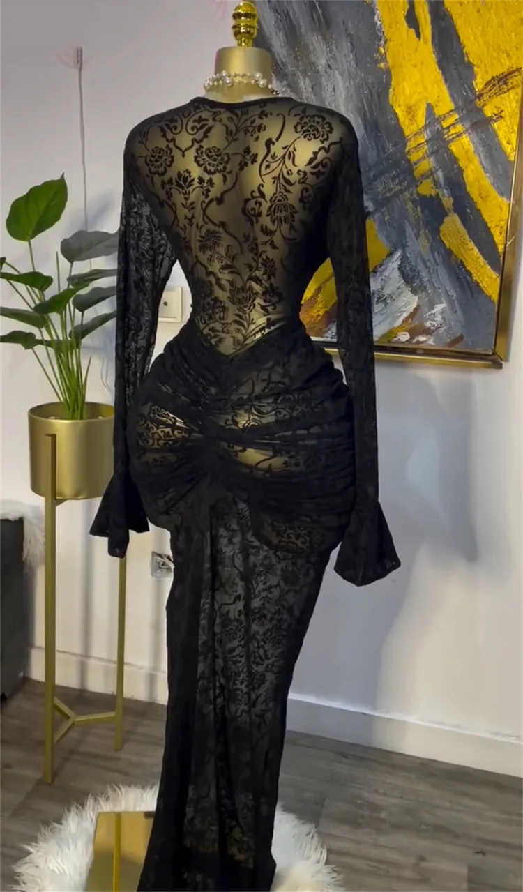 CM.YAYA Women Long Sleeve Ruched Mesh See Though with Lining Bodycon Long Dress 2025 Fall Evening Birthday Sexy Party Dresses CM.YAYA Women Long Sleeve Ruched Mesh See Though with Lining Bodycon Long Dress 2025 Fall Evening Birthday Sexy Party Dresses