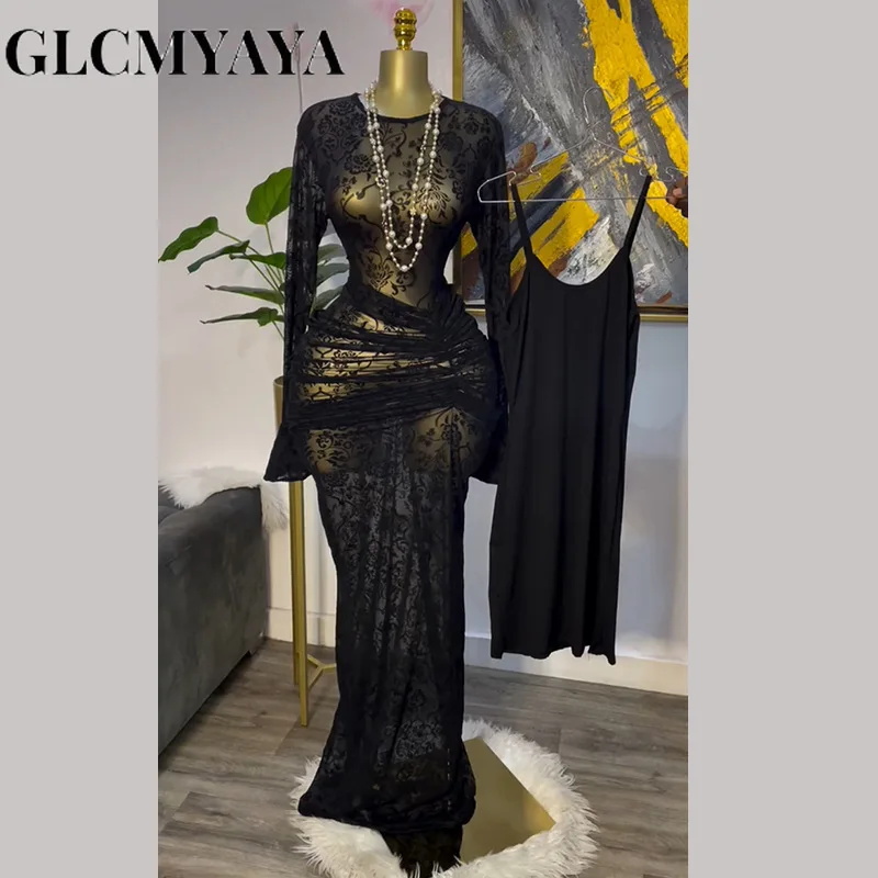 CM.YAYA Women Long Sleeve Ruched Mesh See Though with Lining Bodycon Long Dress 2025 Fall Evening Birthday Sexy Party Dresses