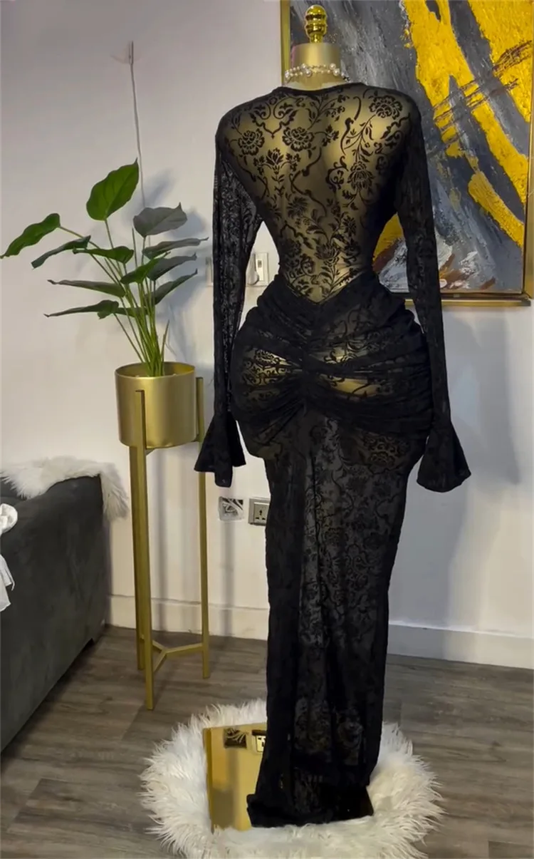 CM.YAYA Women Long Sleeve Ruched Mesh See Though with Lining Bodycon Long Dress 2025 Fall Evening Birthday Sexy Party Dresses CM.YAYA Women Long Sleeve Ruched Mesh See Though with Lining Bodycon Long Dress 2025 Fall Evening Birthday Sexy Party Dresses