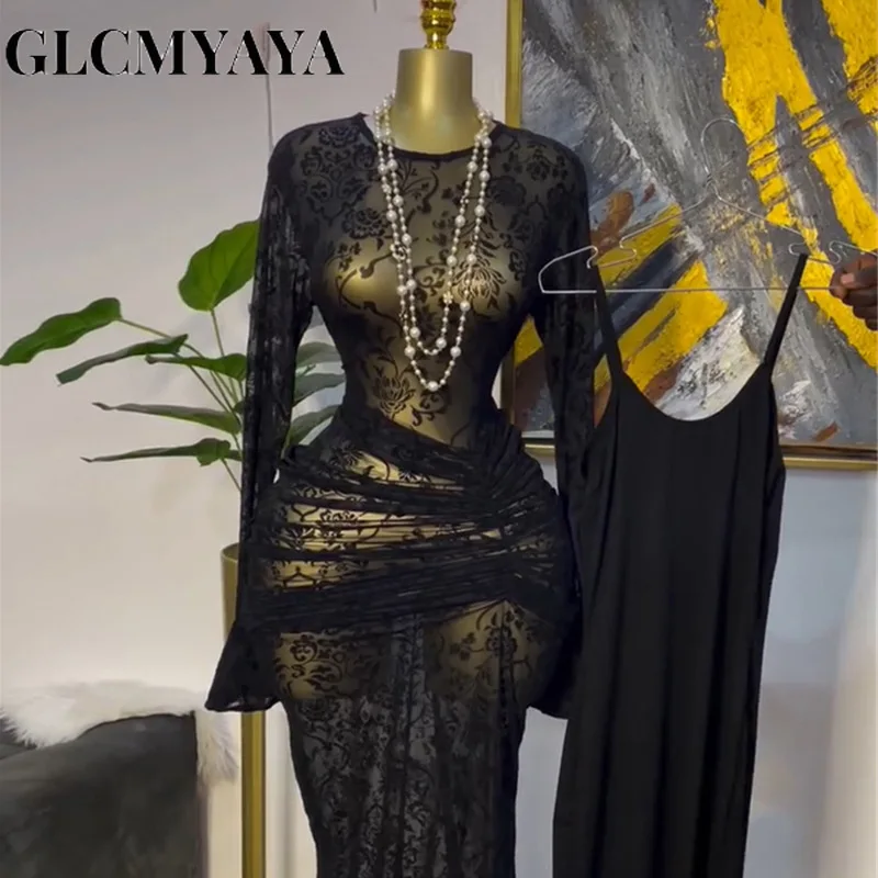 CM.YAYA Women Long Sleeve Ruched Mesh See Though with Lining Bodycon Long Dress 2025 Fall Evening Birthday Sexy Party Dresses