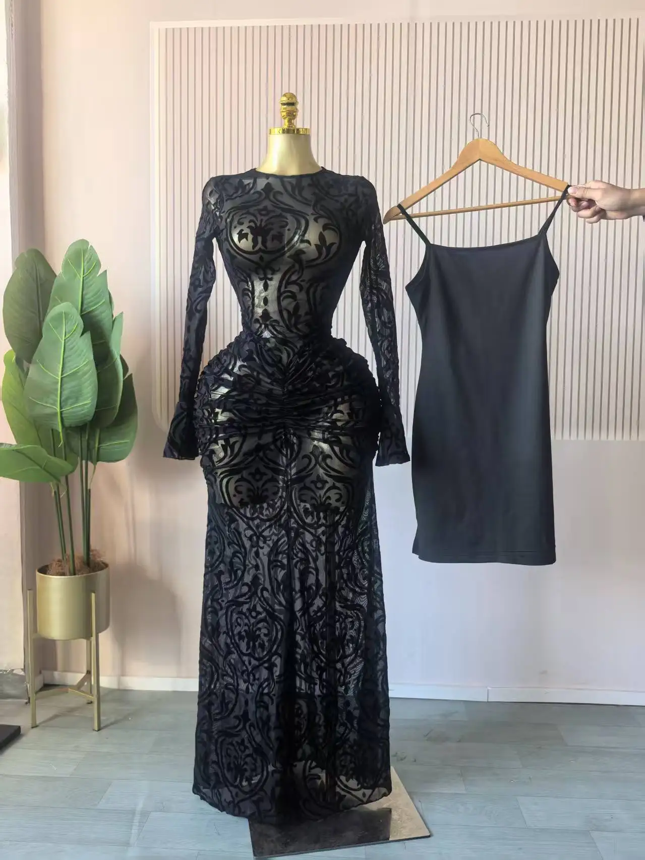 CM.YAYA Women Long Sleeve Ruched Mesh See Though with Lining Bodycon Long Dress 2025 Fall Evening Birthday Sexy Party Dresses CM.YAYA Women Long Sleeve Ruched Mesh See Though with Lining Bodycon Long Dress 2025 Fall Evening Birthday Sexy Party Dresses