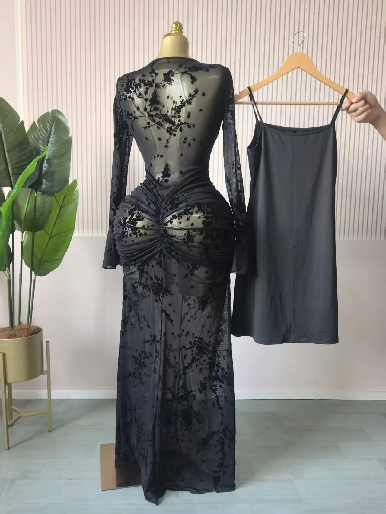 CM.YAYA Women Long Sleeve Ruched Mesh See Though with Lining Bodycon Long Dress 2025 Fall Evening Birthday Sexy Party Dresses CM.YAYA Women Long Sleeve Ruched Mesh See Though with Lining Bodycon Long Dress 2025 Fall Evening Birthday Sexy Party Dresses