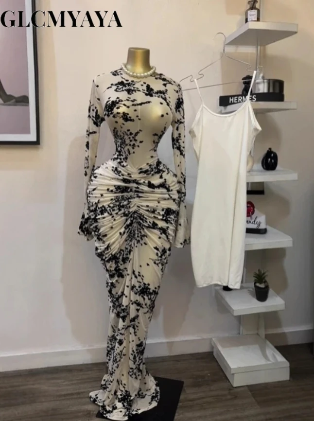 CM.YAYA Women Long Sleeve Ruched Mesh See Though with Lining Bodycon Long Dress 2025 Fall Evening Birthday Sexy Party Dresses CM.YAYA Women Long Sleeve Ruched Mesh See Though with Lining Bodycon Long Dress 2025 Fall Evening Birthday Sexy Party Dresses