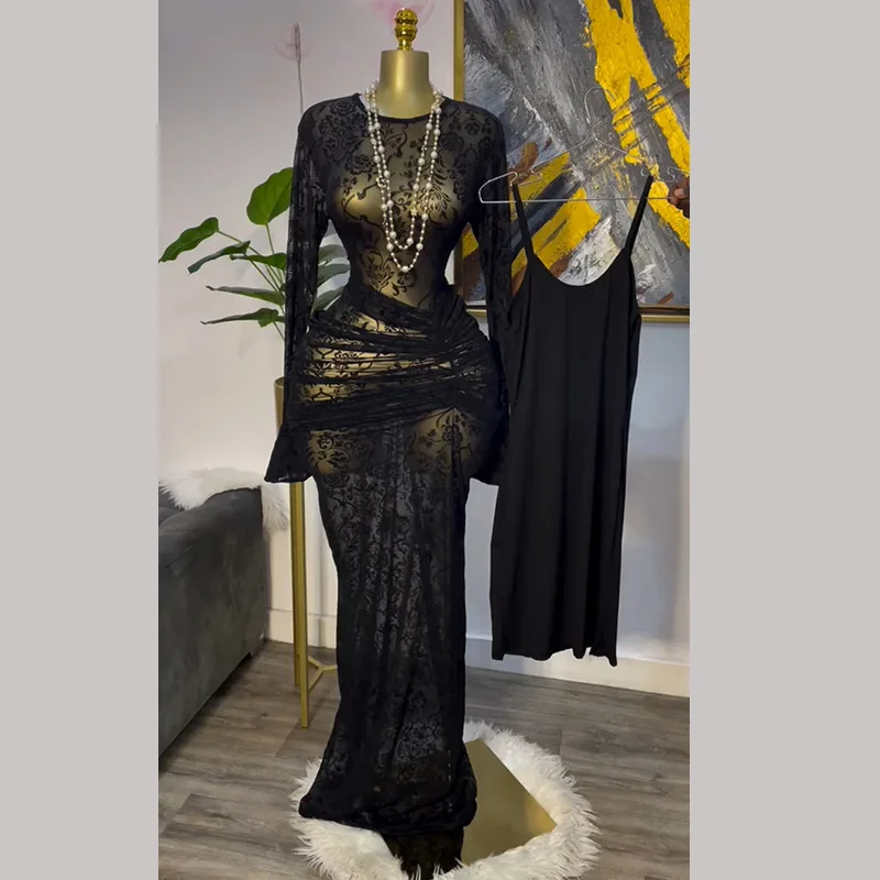 CM.YAYA Women Long Sleeve Ruched Mesh See Though with Lining Bodycon Long Dress 2025 Fall Evening Birthday Sexy Party Dresses CM.YAYA Women Long Sleeve Ruched Mesh See Though with Lining Bodycon Long Dress 2025 Fall Evening Birthday Sexy Party Dresses