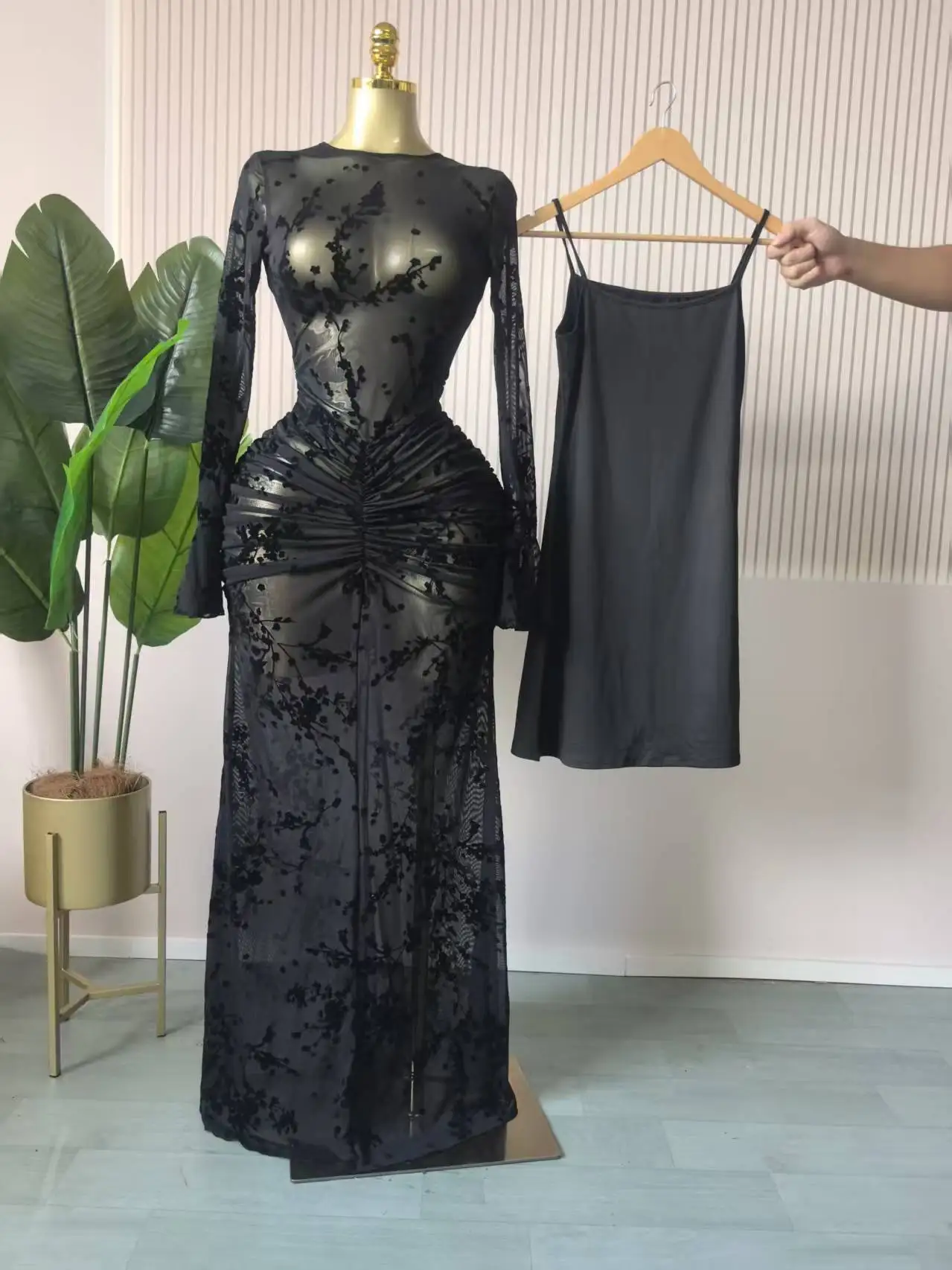 CM.YAYA Women Long Sleeve Ruched Mesh See Though with Lining Bodycon Long Dress 2025 Fall Evening Birthday Sexy Party Dresses CM.YAYA Women Long Sleeve Ruched Mesh See Though with Lining Bodycon Long Dress 2025 Fall Evening Birthday Sexy Party Dresses