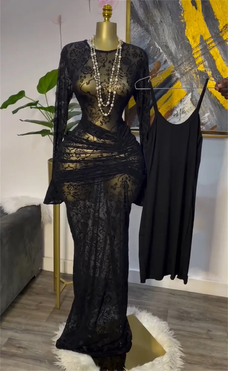 CM.YAYA Women Long Sleeve Ruched Mesh See Though with Lining Bodycon Long Dress 2025 Fall Evening Birthday Sexy Party Dresses CM.YAYA Women Long Sleeve Ruched Mesh See Though with Lining Bodycon Long Dress 2025 Fall Evening Birthday Sexy Party Dresses