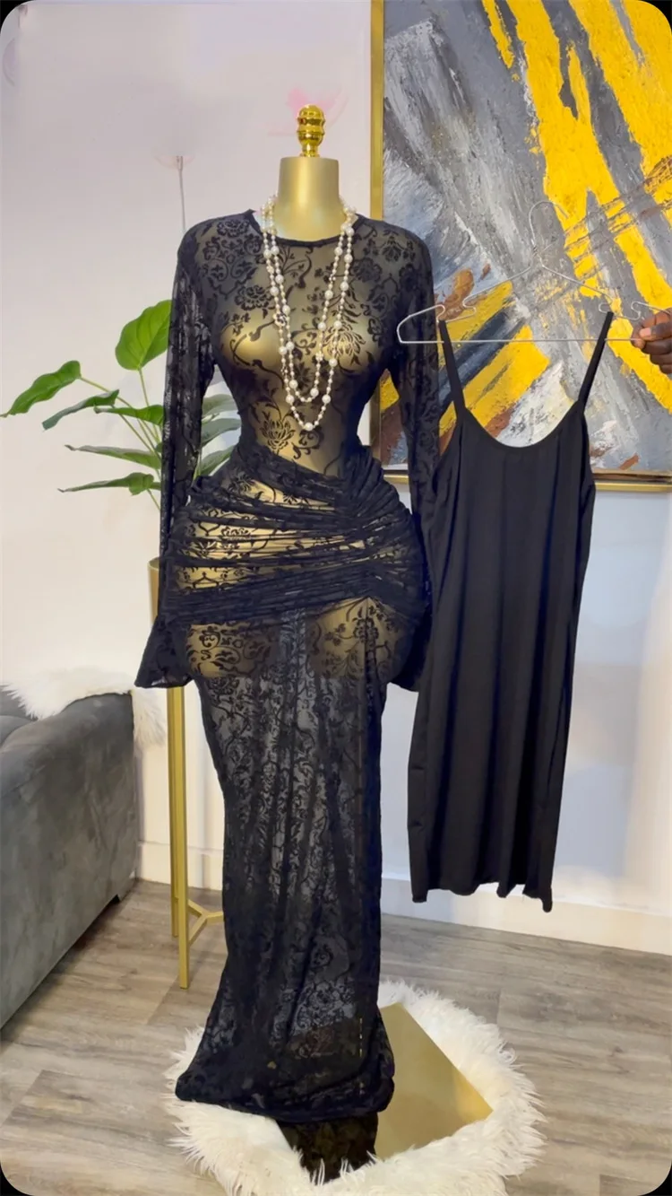 CM.YAYA Women Long Sleeve Ruched Mesh See Though with Lining Bodycon Long Dress 2025 Fall Evening Birthday Sexy Party Dresses CM.YAYA Women Long Sleeve Ruched Mesh See Though with Lining Bodycon Long Dress 2025 Fall Evening Birthday Sexy Party Dresses