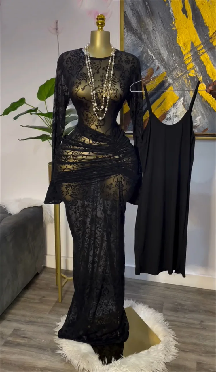 CM.YAYA Women Long Sleeve Ruched Mesh See Though with Lining Bodycon Long Dress 2025 Fall Evening Birthday Sexy Party Dresses CM.YAYA Women Long Sleeve Ruched Mesh See Though with Lining Bodycon Long Dress 2025 Fall Evening Birthday Sexy Party Dresses