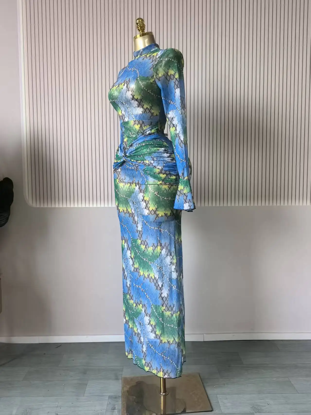 CM.YAYA Women Full Sleeve Leaf Print Stacked Bodycon Long Dress 2025 Fall Evening Birthday Night Party Vestidos Sexy Dresses