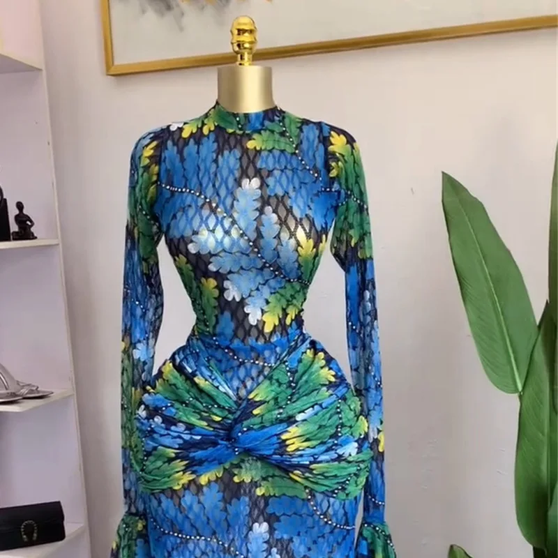 CM.YAYA Women Full Sleeve Leaf Print Stacked Bodycon Long Dress 2025 Fall Evening Birthday Night Party Vestidos Sexy Dresses