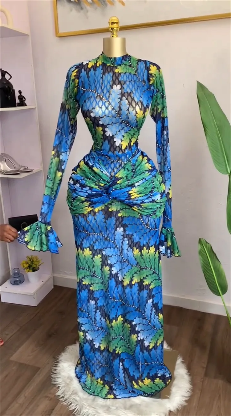 CM.YAYA Women Full Sleeve Leaf Print Stacked Bodycon Long Dress 2025 Fall Evening Birthday Night Party Vestidos Sexy Dresses