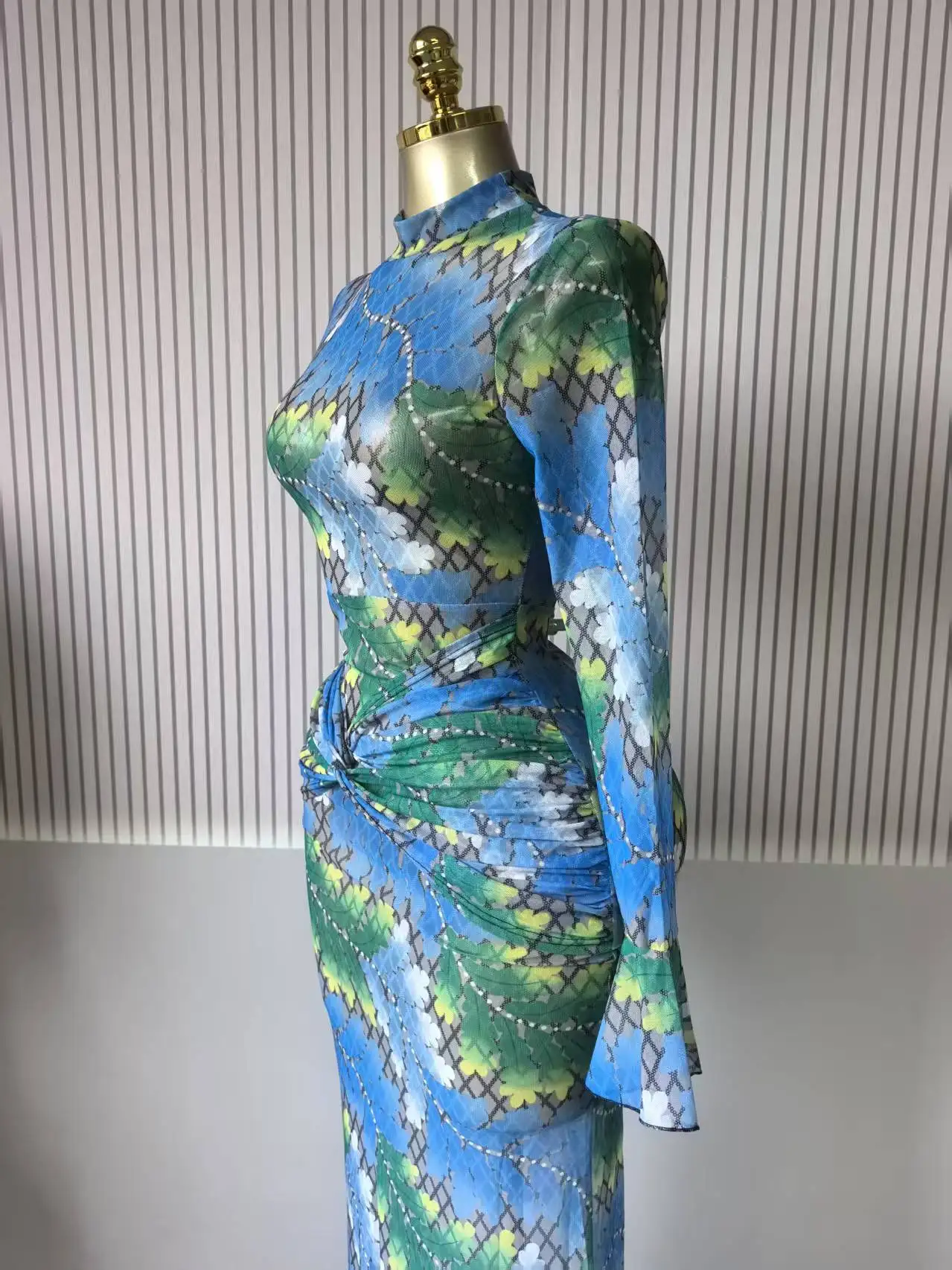 CM.YAYA Women Full Sleeve Leaf Print Stacked Bodycon Long Dress 2025 Fall Evening Birthday Night Party Vestidos Sexy Dresses