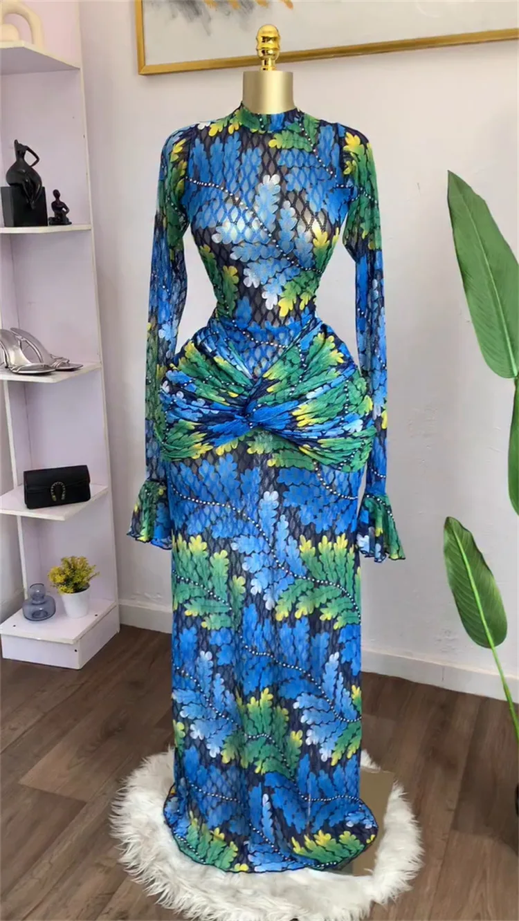 CM.YAYA Women Full Sleeve Leaf Print Stacked Bodycon Long Dress 2025 Fall Evening Birthday Night Party Vestidos Sexy Dresses