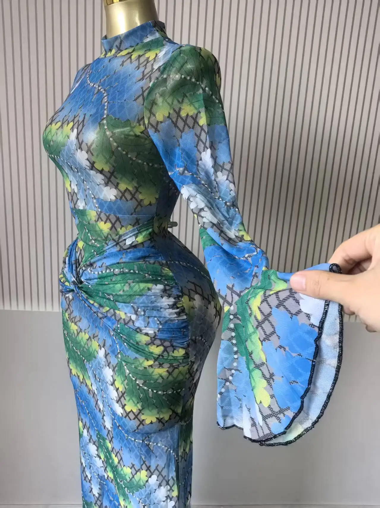 CM.YAYA Women Full Sleeve Leaf Print Stacked Bodycon Long Dress 2025 Fall Evening Birthday Night Party Vestidos Sexy Dresses