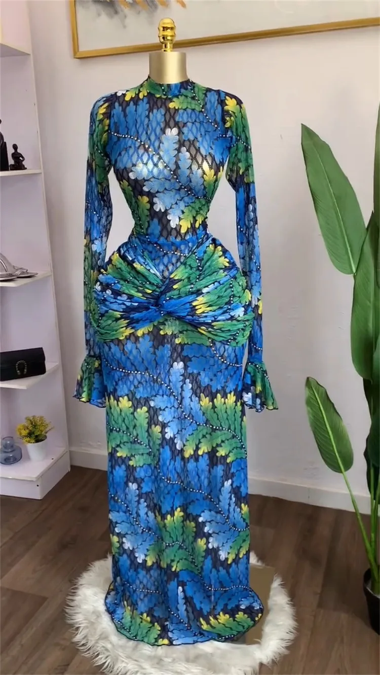 CM.YAYA Women Full Sleeve Leaf Print Stacked Bodycon Long Dress 2025 Fall Evening Birthday Night Party Vestidos Sexy Dresses