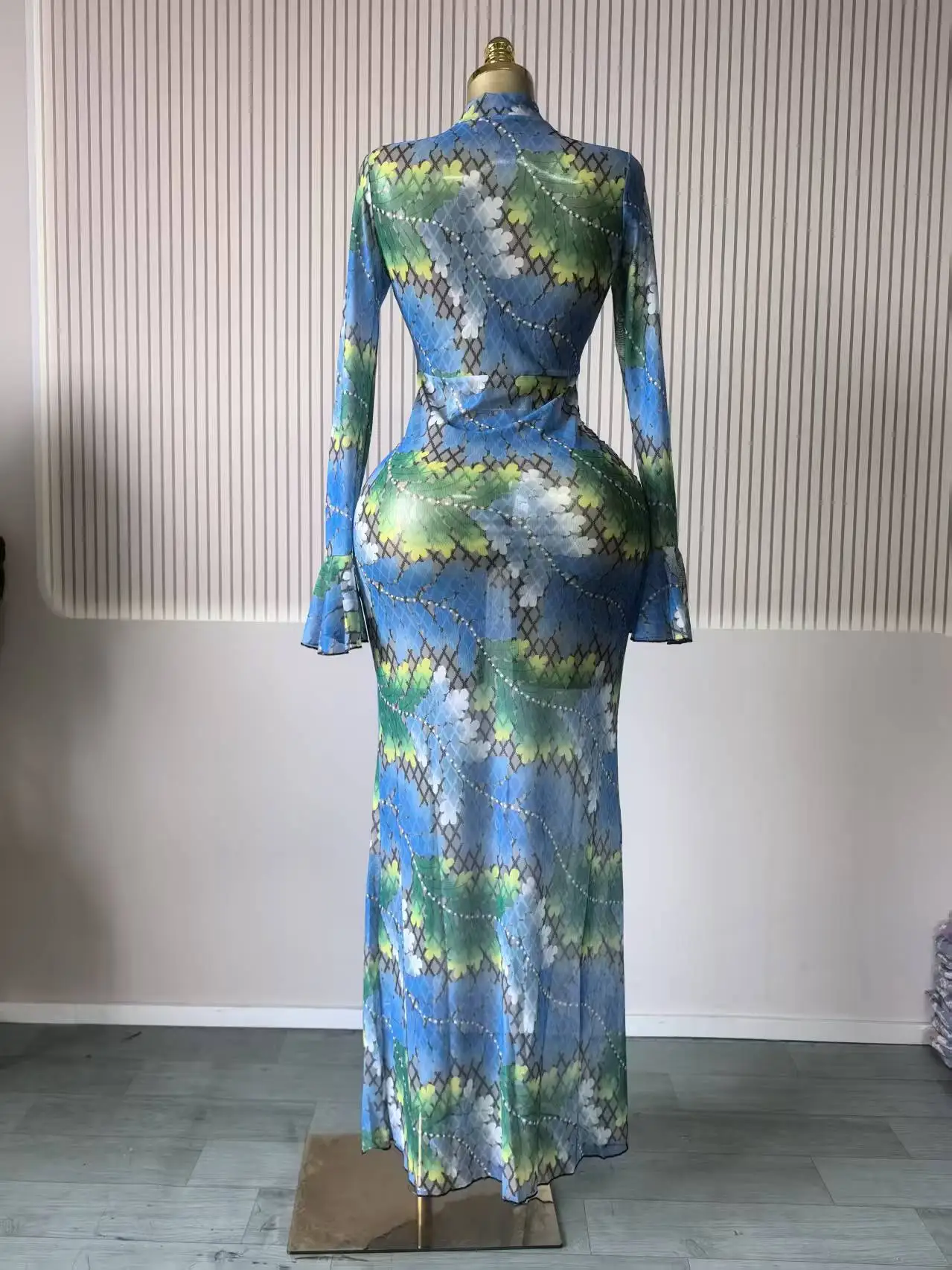 CM.YAYA Women Full Sleeve Leaf Print Stacked Bodycon Long Dress 2025 Fall Evening Birthday Night Party Vestidos Sexy Dresses