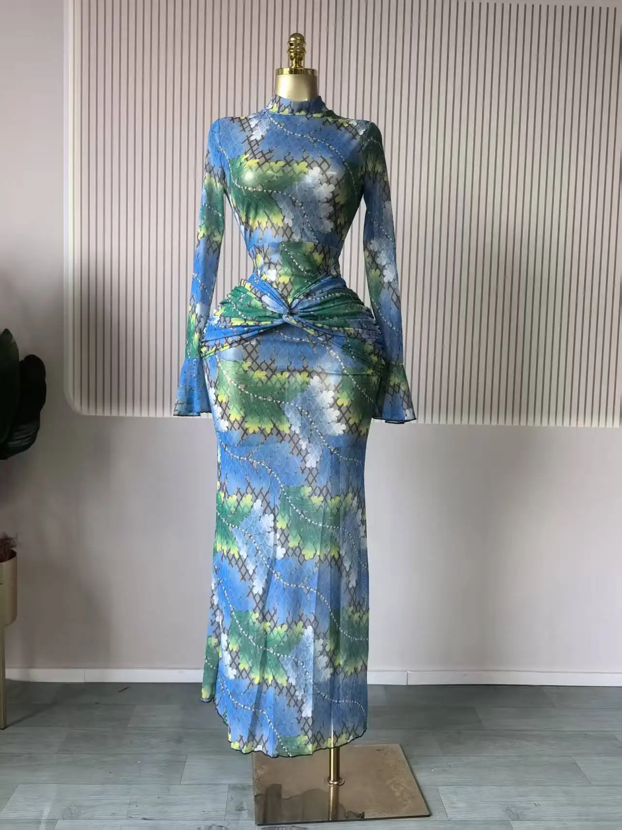 CM.YAYA Women Full Sleeve Leaf Print Stacked Bodycon Long Dress 2025 Fall Evening Birthday Night Party Vestidos Sexy Dresses