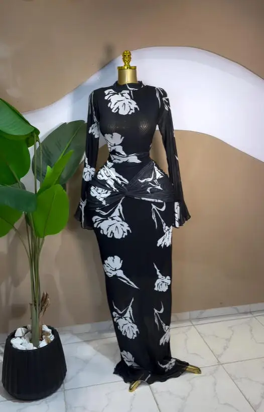 CM.YAYA Women Full Sleeve Leaf Print Stacked Bodycon Long Dress 2025 Fall Evening Birthday Night Party Vestidos Sexy Dresses