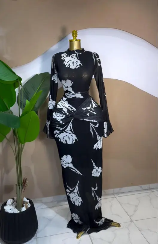 CM.YAYA Women Full Sleeve Leaf Print Stacked Bodycon Long Dress 2025 Fall Evening Birthday Night Party Vestidos Sexy Dresses