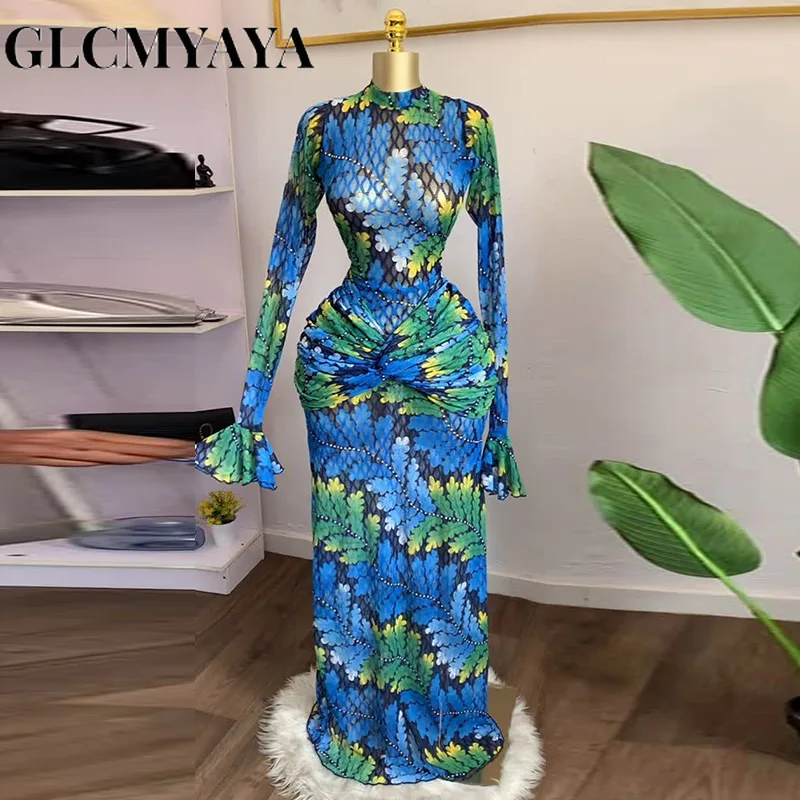 CM.YAYA Women Full Sleeve Leaf Print Stacked Bodycon Long Dress 2025 Fall Evening Birthday Night Party Vestidos Sexy Dresses