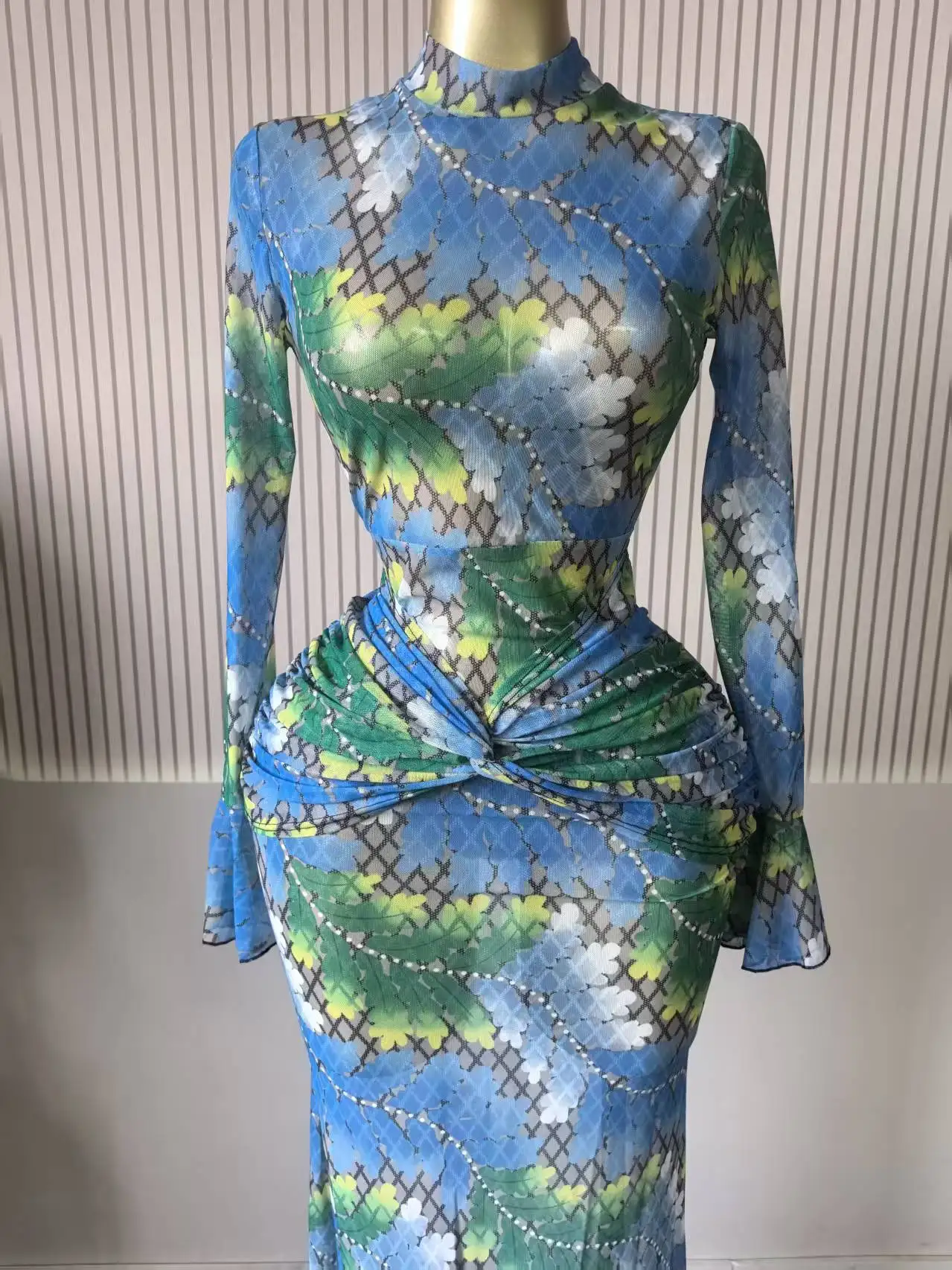 CM.YAYA Women Full Sleeve Leaf Print Stacked Bodycon Long Dress 2025 Fall Evening Birthday Night Party Vestidos Sexy Dresses