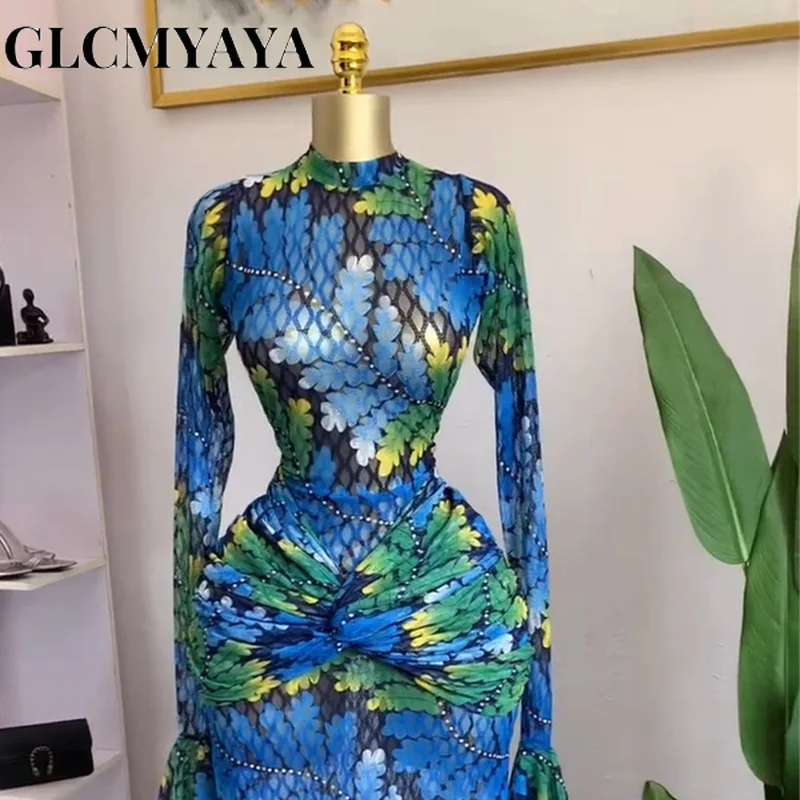 CM.YAYA Women Full Sleeve Leaf Print Stacked Bodycon Long Dress 2025 Fall Evening Birthday Night Party Vestidos Sexy Dresses