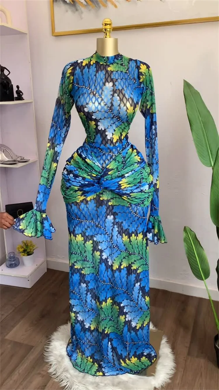 CM.YAYA Women Full Sleeve Leaf Print Stacked Bodycon Long Dress 2025 Fall Evening Birthday Night Party Vestidos Sexy Dresses
