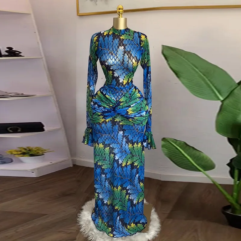 CM.YAYA Women Full Sleeve Leaf Print Stacked Bodycon Long Dress 2025 Fall Evening Birthday Night Party Vestidos Sexy Dresses