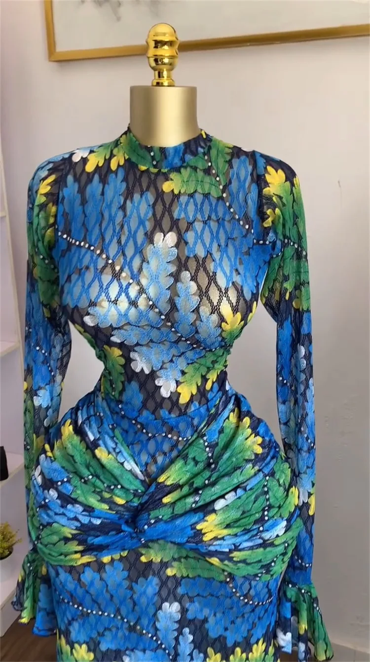 CM.YAYA Women Full Sleeve Leaf Print Stacked Bodycon Long Dress 2025 Fall Evening Birthday Night Party Vestidos Sexy Dresses